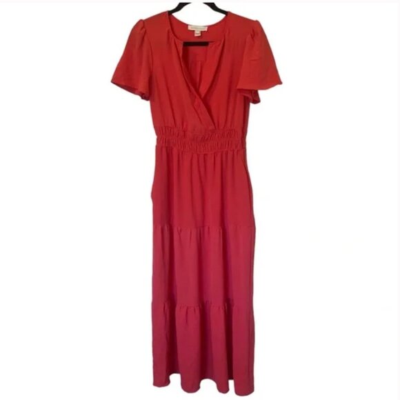 Monteau Tiered Midi Dress - Coral - Picture 1 of 6
